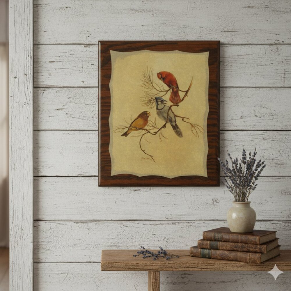 Vintage Harry J. Moeller Wood Bird Print Lacquered Framed Wall Art Mid-Century